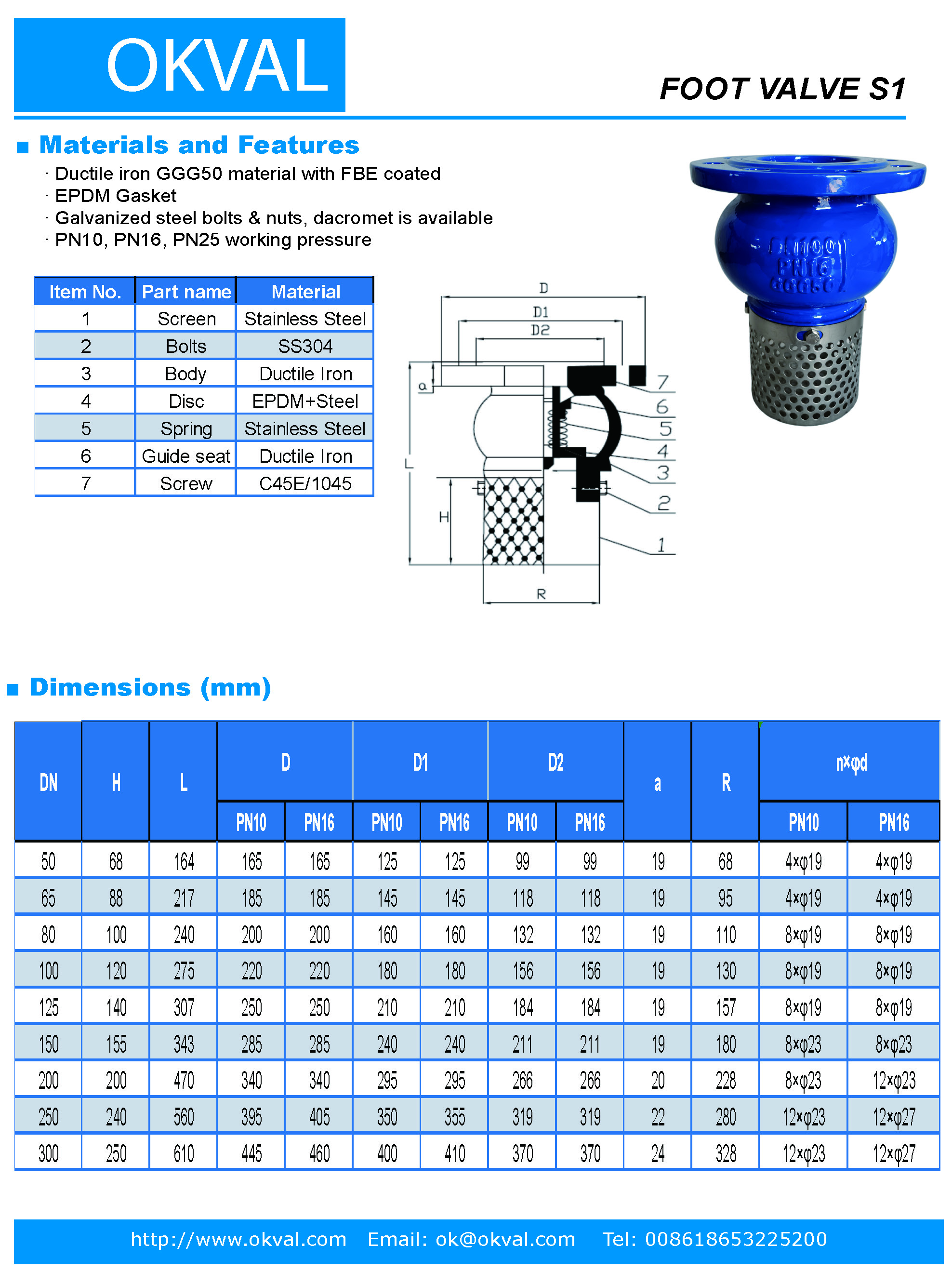 Clapet de pied OKVAL Clapet anti-retour Accessoires de pompe Pression nominale : PN16 / PN10 Fluide de travail : Eau Température de fonctionnement : -20˚C...80˚C pour écran en acier inoxydable EPDM à bride selon BS 4504 / BS EN1092 Válvula de retención pie #Bombas Disco fr hierro dúctil GJS 500-7. Collarín en latón forjado BS2874 CA104. Il est en acier inoxydable BS970. Vendu en EPDM EN 681-1. Filtre en acier inoxydable SS431. CLAPET DE PIED CRÉPINE Raccordement à bride PN10 perforé, pour raccord de conduite Grand diamètre de la perforation de filtre Faible résistance d'admission grâce à une configuration favorisant l'écoulement Fonte moulée/caoutchouc à joint souple Brides selon EN 1092-2 Corps fonte EN GJL -250 revêtu époxy (Sauf DN 500 : EN-GJS-400). Ressort en acier inoxydable. Crépine en acier galvanisé.